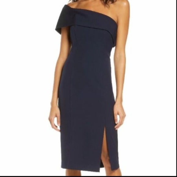 Eliza J Off the Shoulder Scuba Crepe Cocktail Dress, Size 10 - Navy - Picture 1 of 7